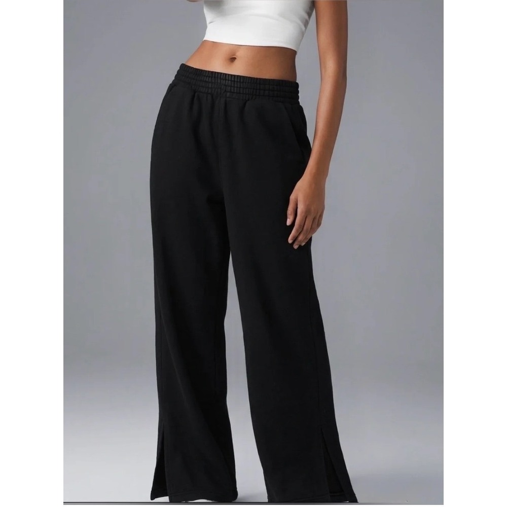 Pact Organic Cotton Wide Leg Sweatpants Black Elastic Waist Side Slit S Cozy